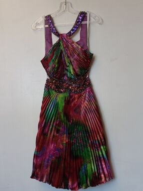 Vintage Princess Collection Multicolor Pleated Halter Dress with Beaded Waist